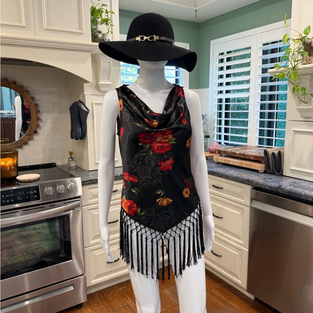 Western Boho Chic Fringe Silky Sleeveless Top Medium